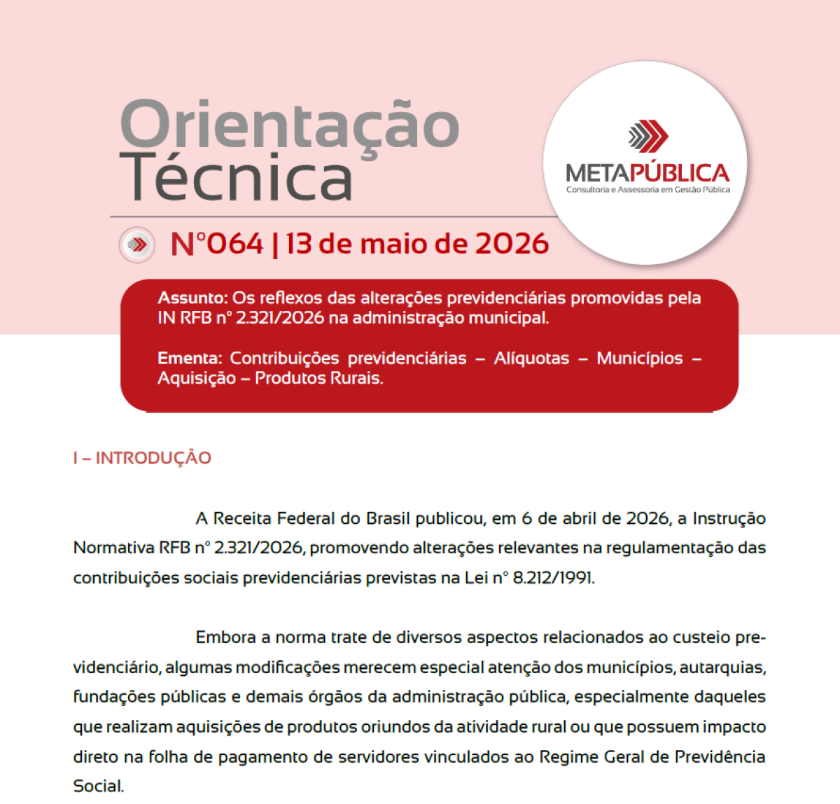 Imagem principal de ORIENTAÇÃO TÉCNICA METAPÚBLICA 064 - 13 de maio de 2026